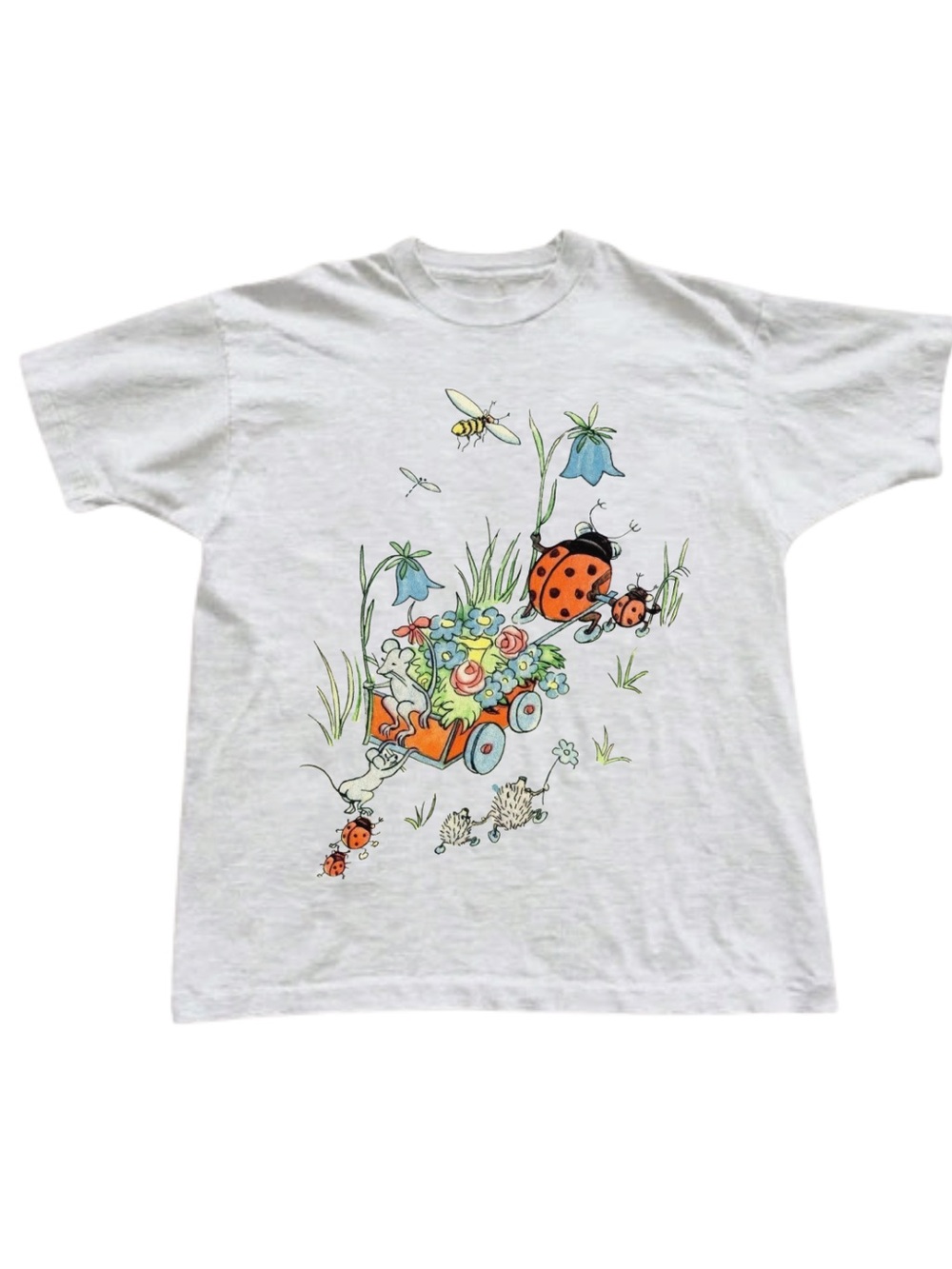 Gildan White T-Shirt with Ladybug Floral Cart Graphic